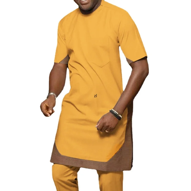 

Islam Men's Long Shirts African 2022 Summer Slim Muslim Casual Tops Patchwork Mid Length Male Shirt New Spring Fashion T-shirt