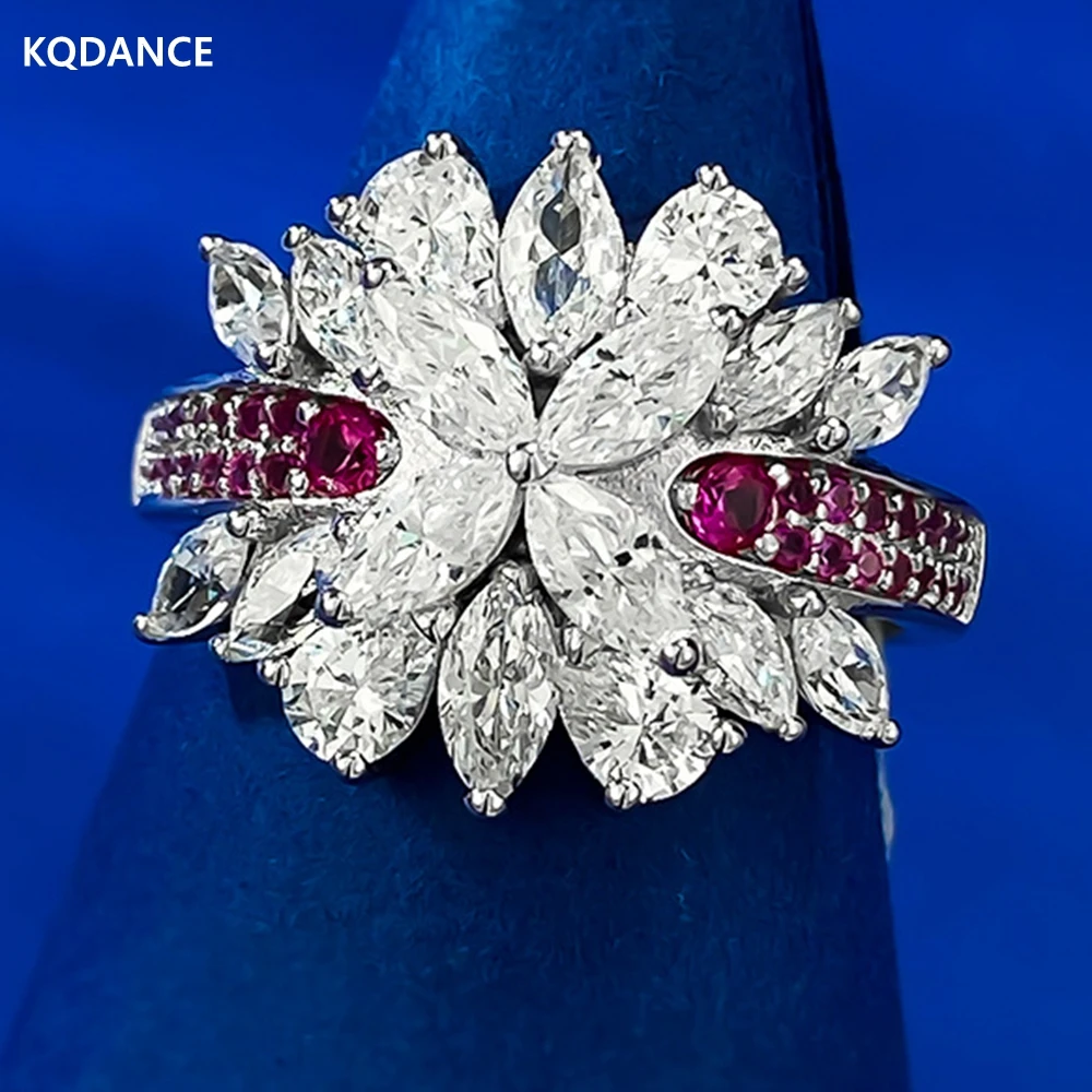 

KQDANCE Vinate Real 925 Sterling Silver Created Ruby Red Gemstone High Carbon Diamonds Flower Rings For Women Fine Jewelry