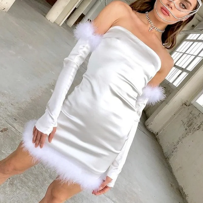 

Sexy Club Party Mini Dress Elegant Women Summer Dresses 2021 New Chic White Feather Satin Strapless Bodycon Vestidos Streetwear