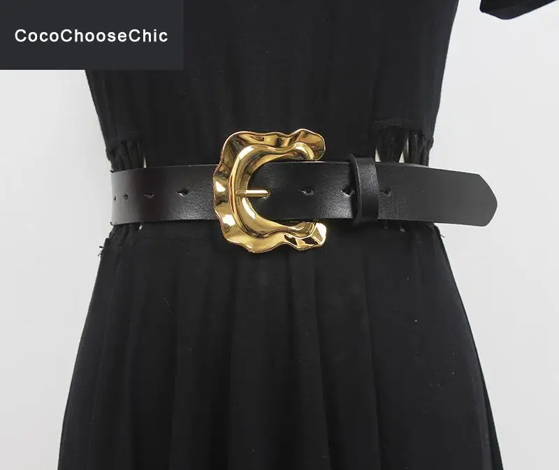 Fashion Designer Women Leather Belt Spring Summer 2022 Fashion Runway Silver Gold Metal Buckle Black Long Belts Waistband