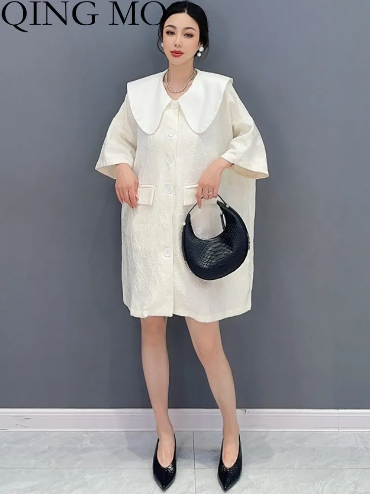 QING MO 2023 Summer New Korean Fashion Doll Neck Mid Length T-shirt Dress Women Black White Half Sleeve Dress ZXF2876