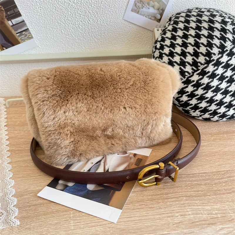 Soft Fluffy Fur Crossbody Bag Rex Rabbit Leather Waist Pack For Women With Adjustable Belt Embellished Leather Waist Pack