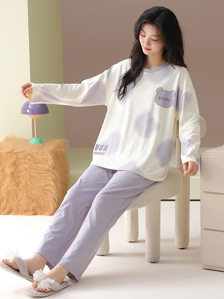 2025 New Pajamas Women Spring and Autumn Cotton round Neck Long sleeve Trousers Set Simple Casual Outing Home Wear |