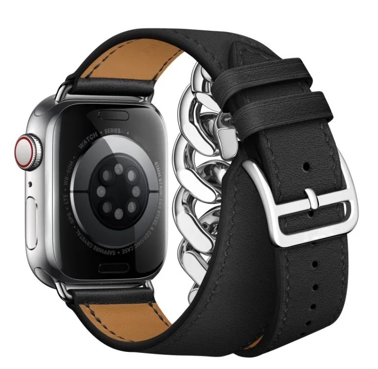 Logo Genuine Gourmette Metal Double Tour Strap For Apple Watch Band Ultra 49mm 44mm 45mm Leather Loop iWatch 42mm 41mm 38mm 40mm