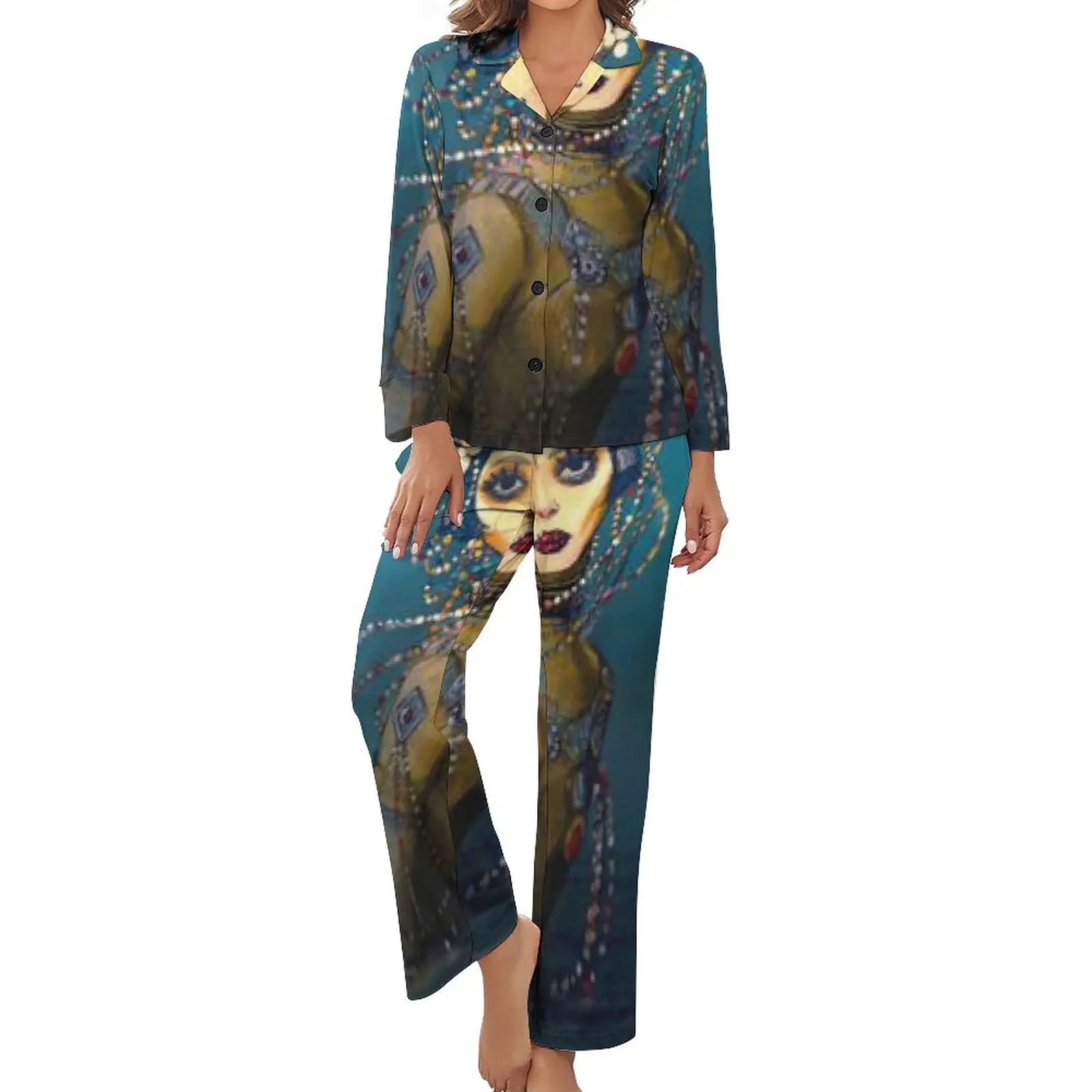 

Jibaro Oil Painting Pajamas Woman Martha Kivelson Kawaii Sleepwear Daily Long Sleeve 2 Piece Casual V Neck Custom Pajamas Set