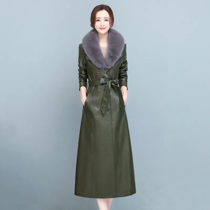 M-7XL New Women Sheepskin Leather Coat Spring Autumn Winter Warm Fur Collar Plus Cotton Liner Slim Long Leather Coat Female