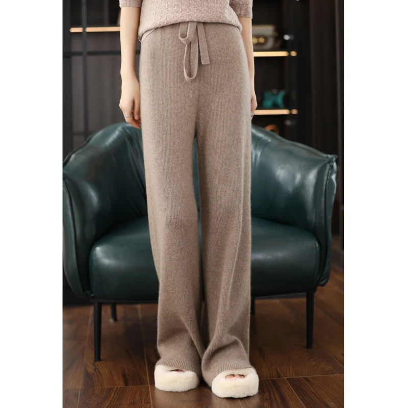 Women's Fashion New Autumn And Winter Korean Version Casual High Waist Loose Wide Leg Knitted Mopping Trousers Trend Is Thin