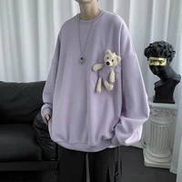 hong kong style autumn and winter fleece bear sweater mens loose round neck sweater trend korean version cartoon top sweater