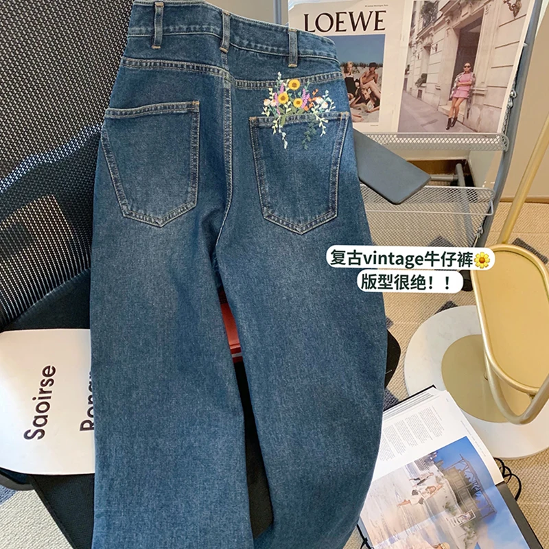 

CMETAY Vintage Blue Embroidered Flower Jeans Women High Waist 2022 Spring New Streetwear Y2K Denim Wide Leg Pants джинсы женские