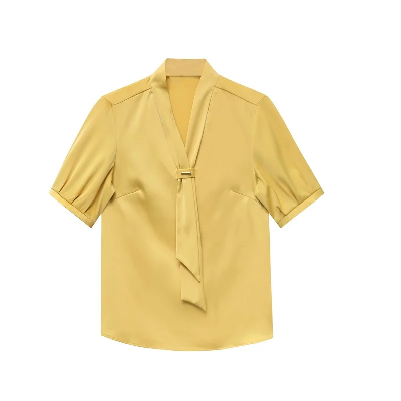 

V-neck Shirts Women Blouse Short Sleeve Tops Satin Loose Print Fashion Casual Bow New 10068