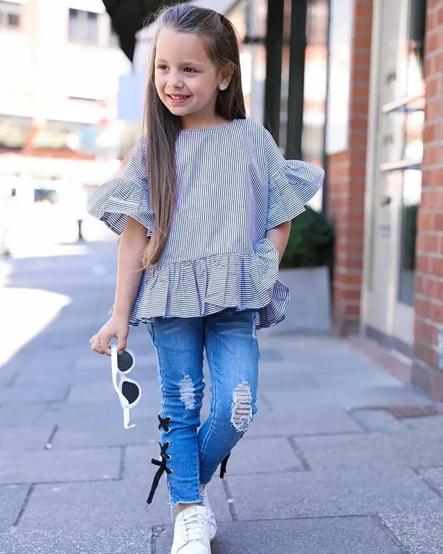 Женская летняя одежда модная футболка в полоску для девочек + рваные джинсы