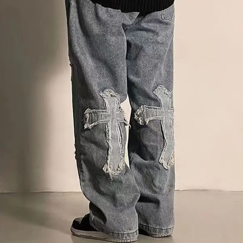 Men Emo Korean Harajuku Streetwear Alt Jeans Wide Leg Baggy Denim Pants Grunge Embroidered Low Waist Trousers Y2k Brand Clothes