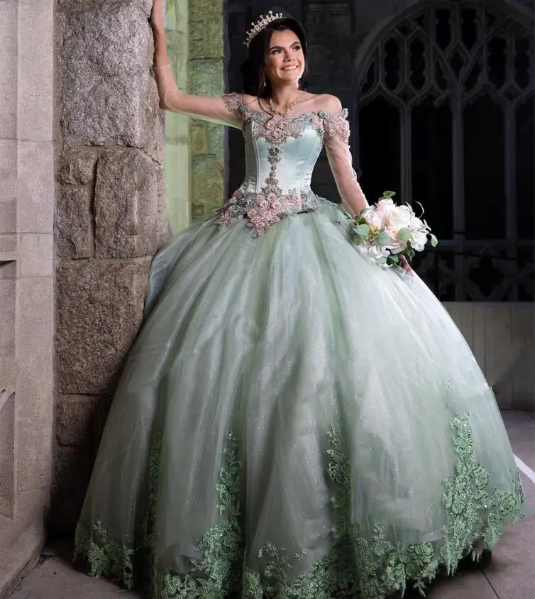 

Sage Green Lace Appliques Off Shoulder Quinceanera Dresses With Bow illusion long sleeve corset Puffy skirt Debut vestido