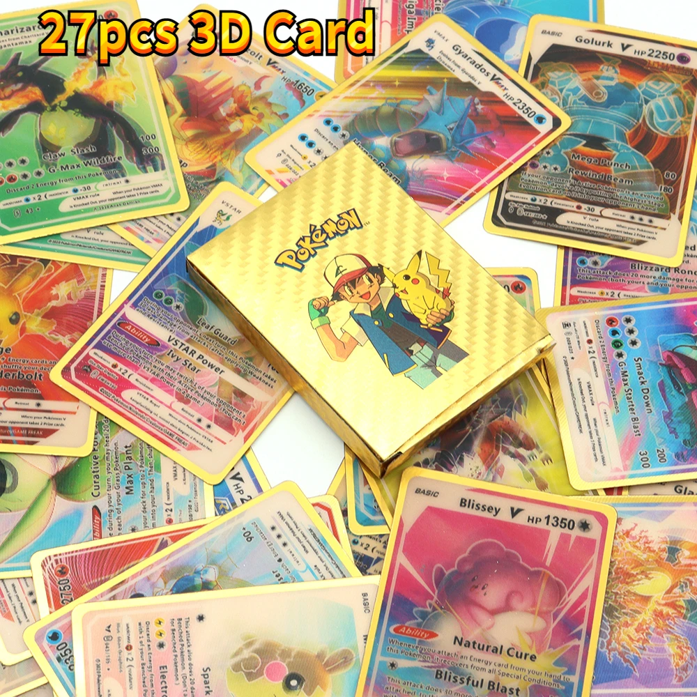 27Pcs Pokemon Cards English Spain 3D Shining Rainbow Cards Gold Silver Black Vmax Gx Pikachu Charizard Trading Game Battle Card