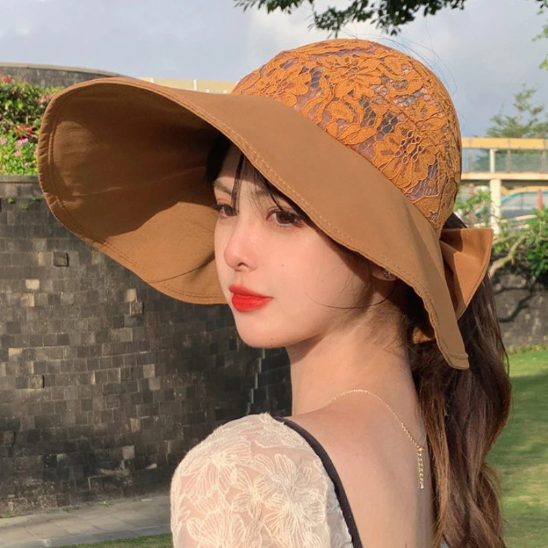 

Шляпа от солнца HT4048 женская летняя, модная кружевная Панама от солнца с широкими полями, элегантная Пляжная с бантом, 2022