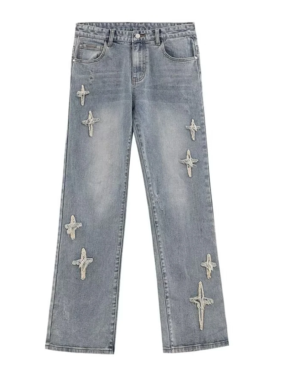 Streetwear Hip Hop Low Rise Baggy Jeans for Men Korean Y2k Fashion Trousers Cross Denim Pants Women Cargo Pants Punk Clothes