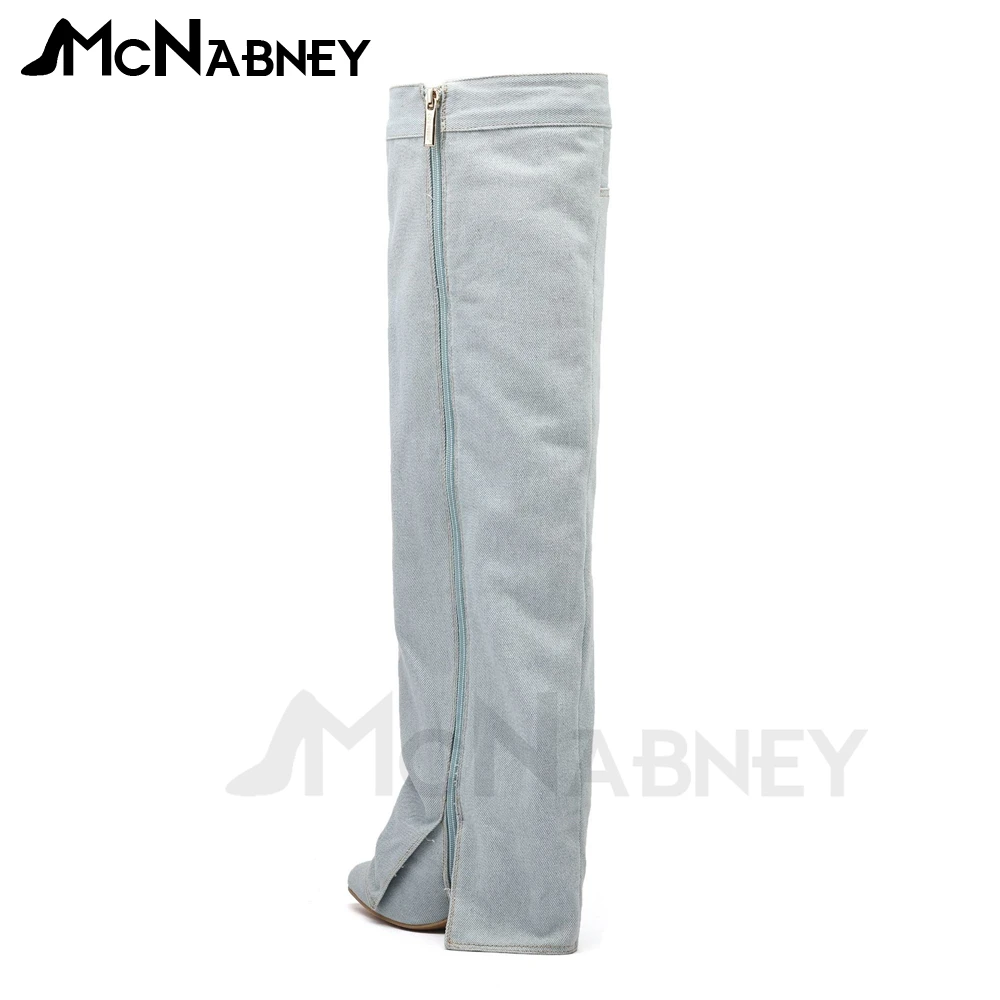 Jeans Boots Denim Knee Boots Pointed Toe High Heels Light Denim Pants Boots Fashion Designer Novelty Style Shoes for Women New