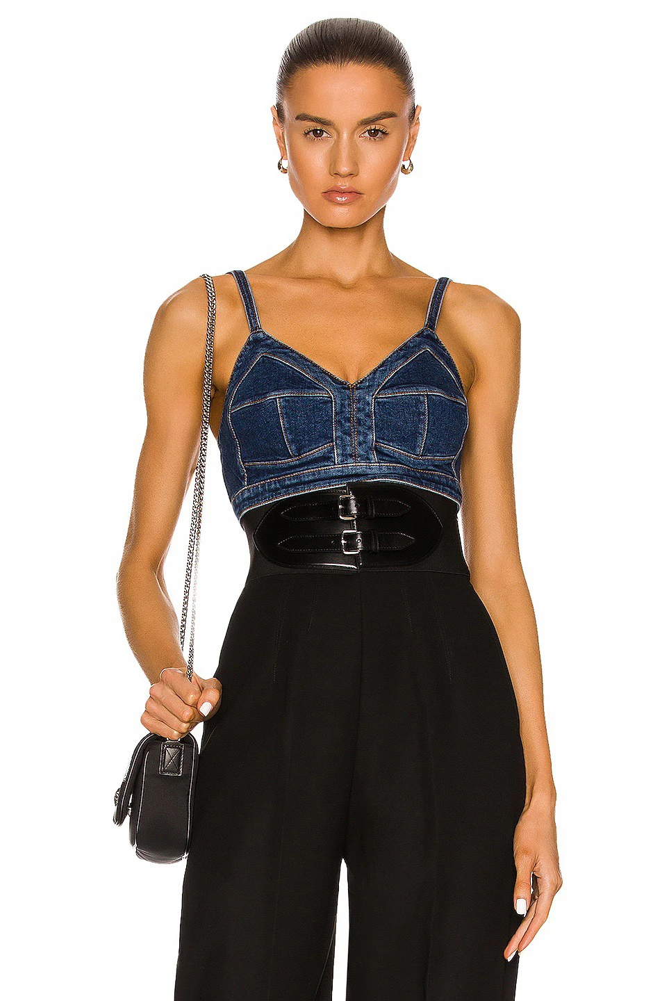 

Women V Neck Sexy Denin Bra+ High Waist PU Belt Long Straight Pants Set