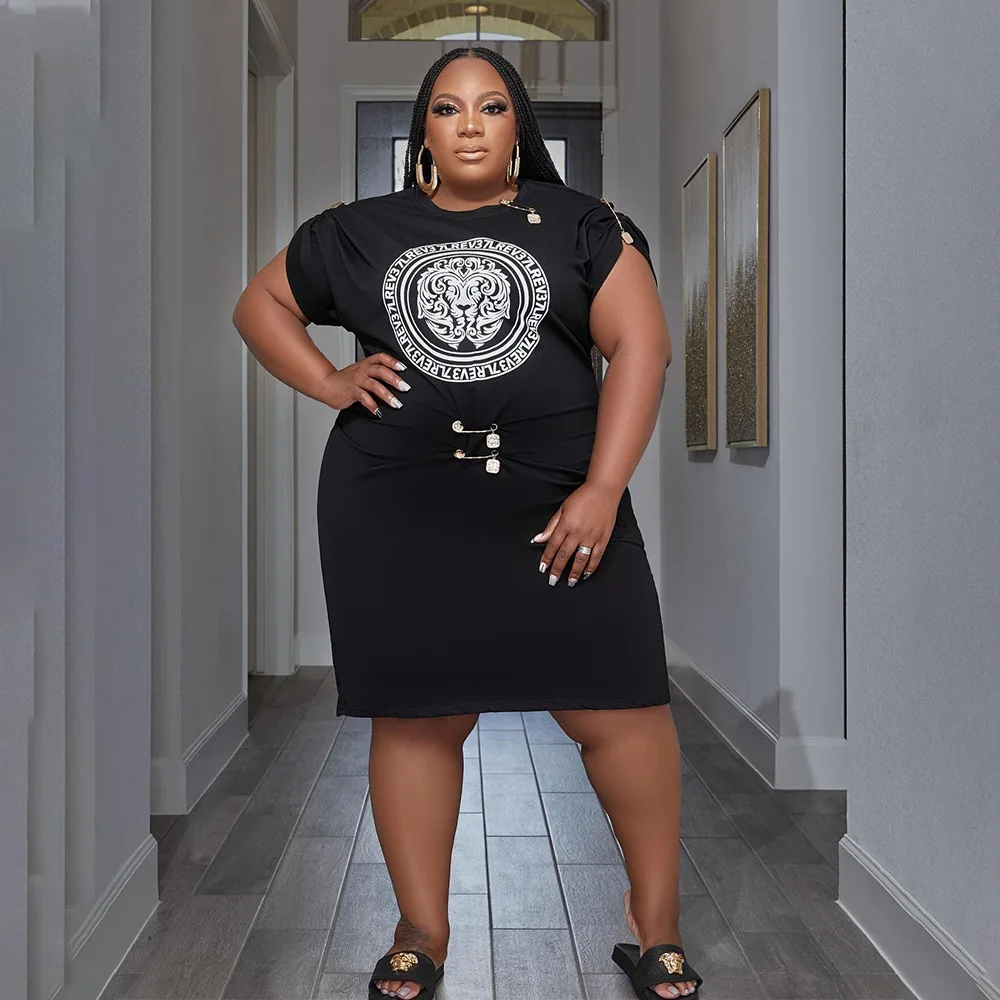 

Perl Printed Pin Button Dress T-Shirt Skirt Plus Size Women Clothing Casual Summer Outfit Vestidos Femininos Frete Grátis 5XL