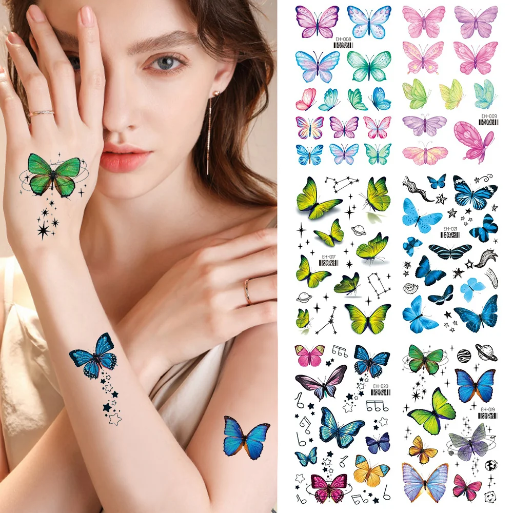 

3D тату-бабочки, цветы, акварель, временное боди-арт, наклейка, одноразовая DIY искусственная татуировка, Временный