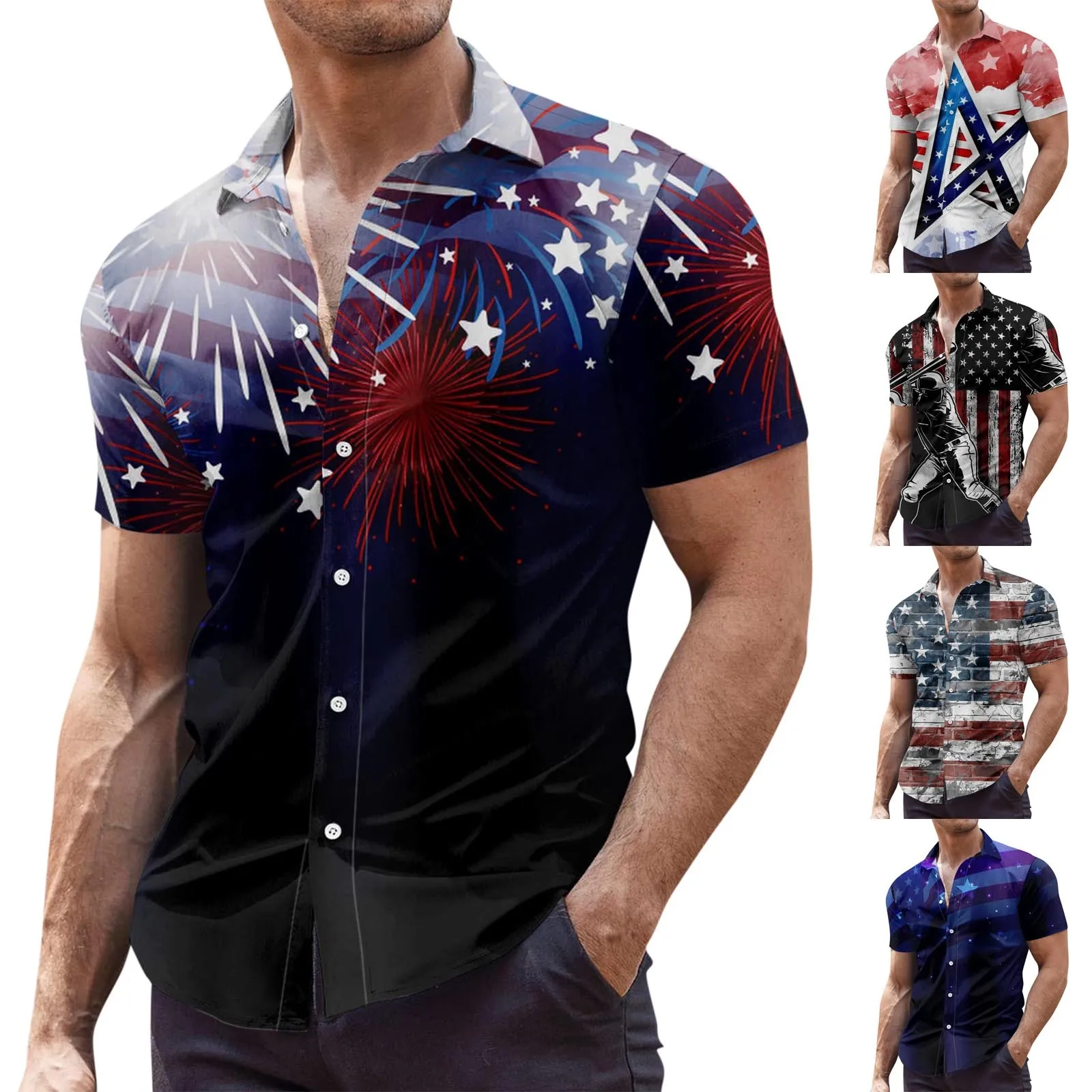

Рубашка мужская в полоску с короткими рукавами, Повседневная Складная блузка с изображением Дня независимости, Мужская стереоскопическая рубашка с держателем