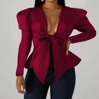 sexy deep autumn v neck ruffle bowknot blouse women casual half sleeve plain cropped blouse shirt elegant solid bandage shirt