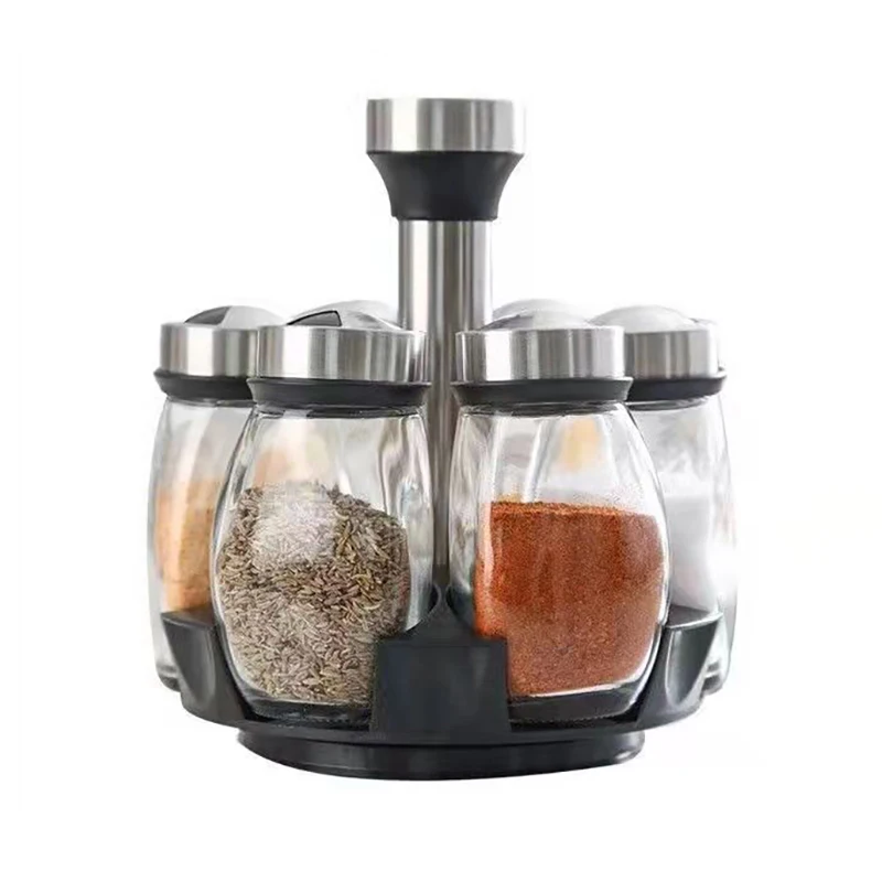 Rotating Spice Jar Sets Glass Bottle Sugar Pepper Salt Pepper Seasoning Container Oil Vinegar Shaker Holder Kitchen Storage Rack