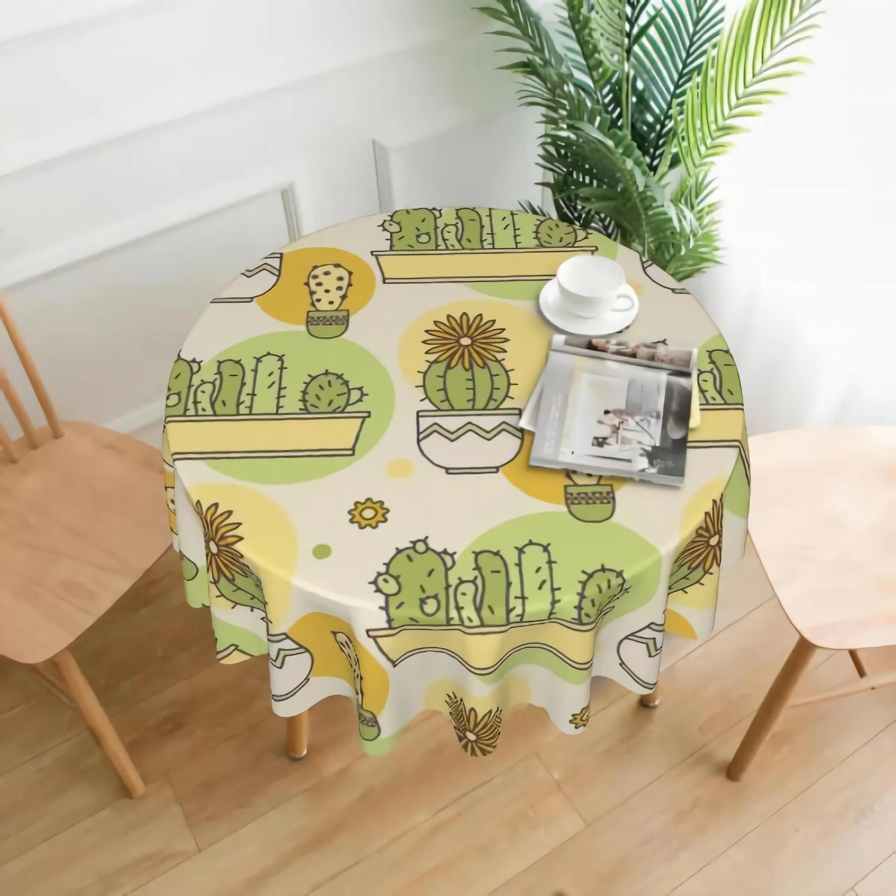 

Cartoon Cactus Round Tablecloth 60 Inch Stain Resistant Spillproof Polyester Fabric Table Cloth for Picnic Kitchen