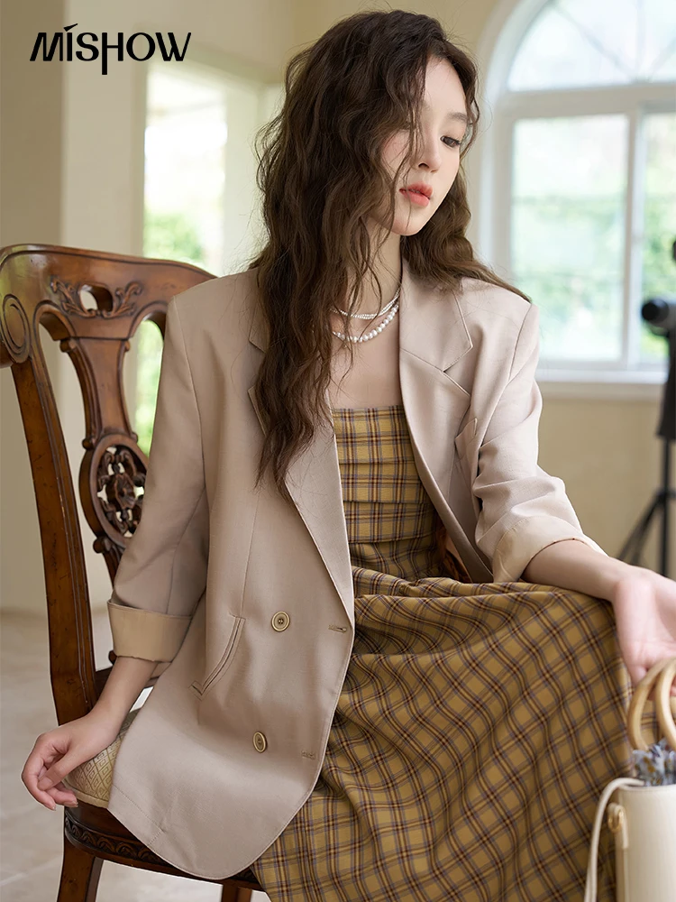 MISHOW Suit Jacket for Women 2023 Summer Korean Three Quarter Turn-down Collar Wide-waisted Single Breasted Coats MXC33W0011