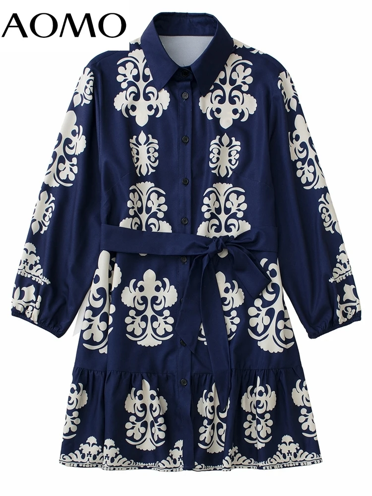 

AOMO 2022 Fashion Women Totem Flowers Print Shirt Dress Long Sleeve Office Ladies Mini Dress with Slash JE113A