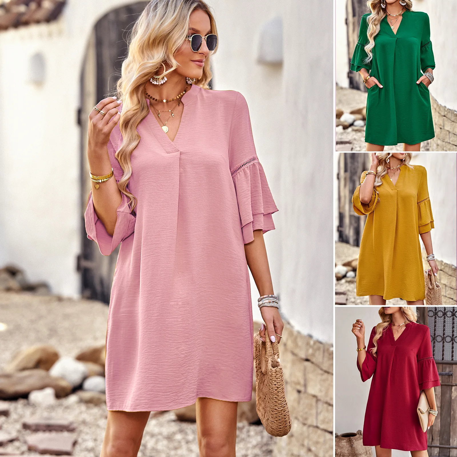 

New dress summer solid color dress women's loose V-neck short skirt