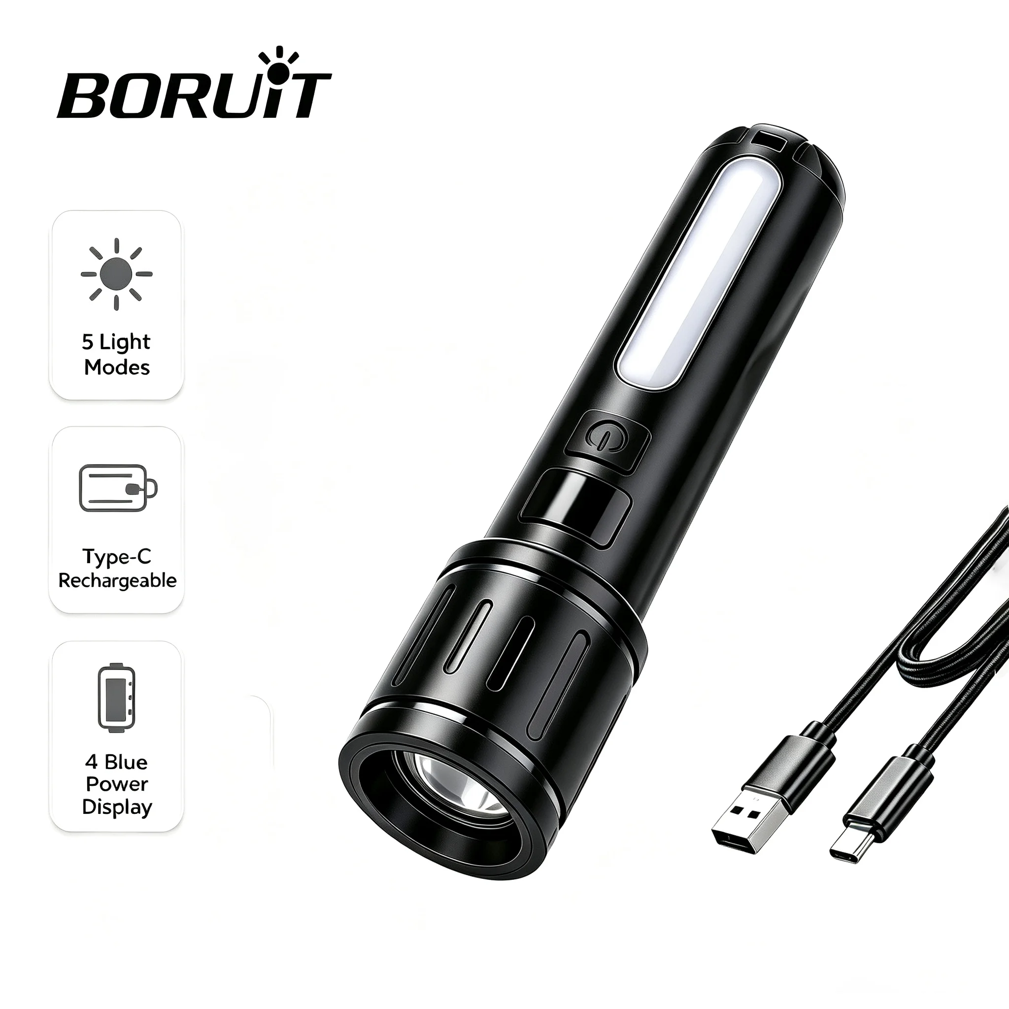 Фото Фонарик BORUiT с регулируемой яркостью, двойным источником света, зарядкой через Type-C, аккумулятором 18650, водонепроницаемостью IPX4, для кемпинга, альпинизма и экстренных ситуаций. №1