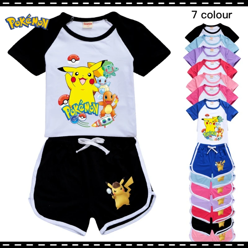 

Anime Peripherals Pokemon Pikachu T-shirt Shorts Fashion Casual Cute Sports Suits Children Gifts