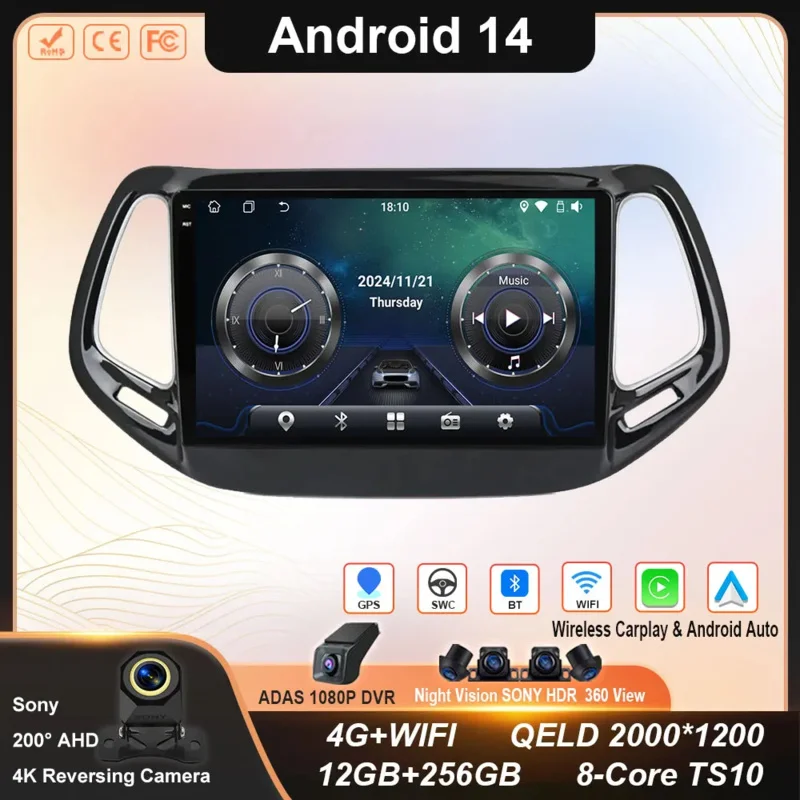 Android 14 для Jeep Compass 2 MP 2016 2017 2018 2019 Автомобильный радиоприемник Стерео