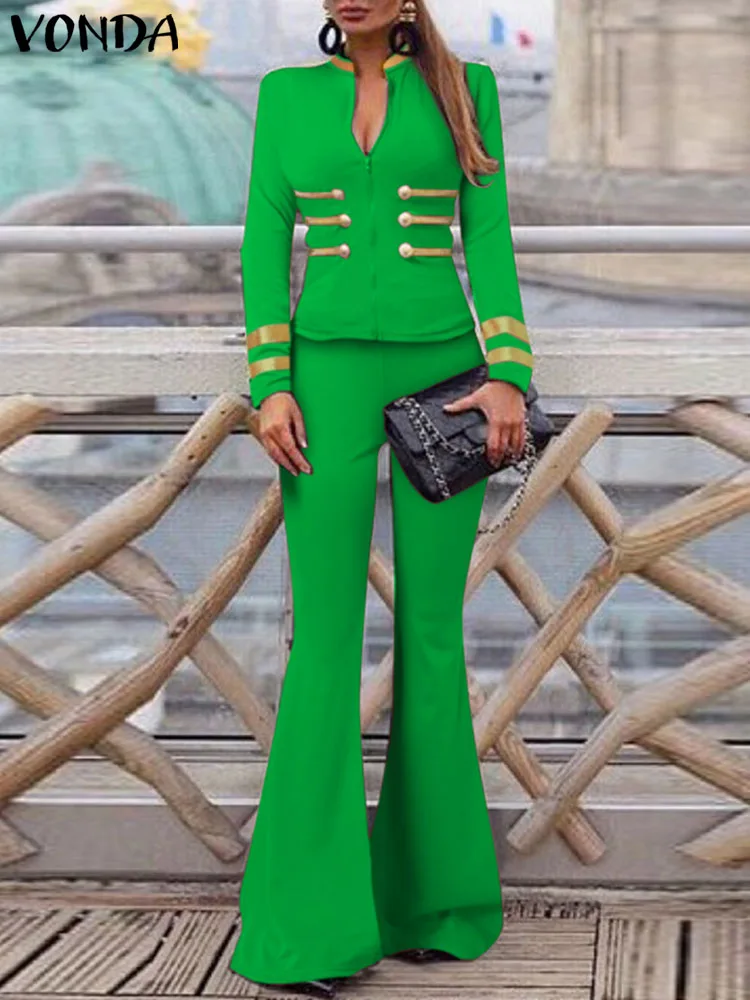 

VONDA Women Pant Sets 2022 Autumn Long Sleeve Stand Collar Tops Flared Pants Patchwork Zipper Elegant Party 2pcs Matching Sets