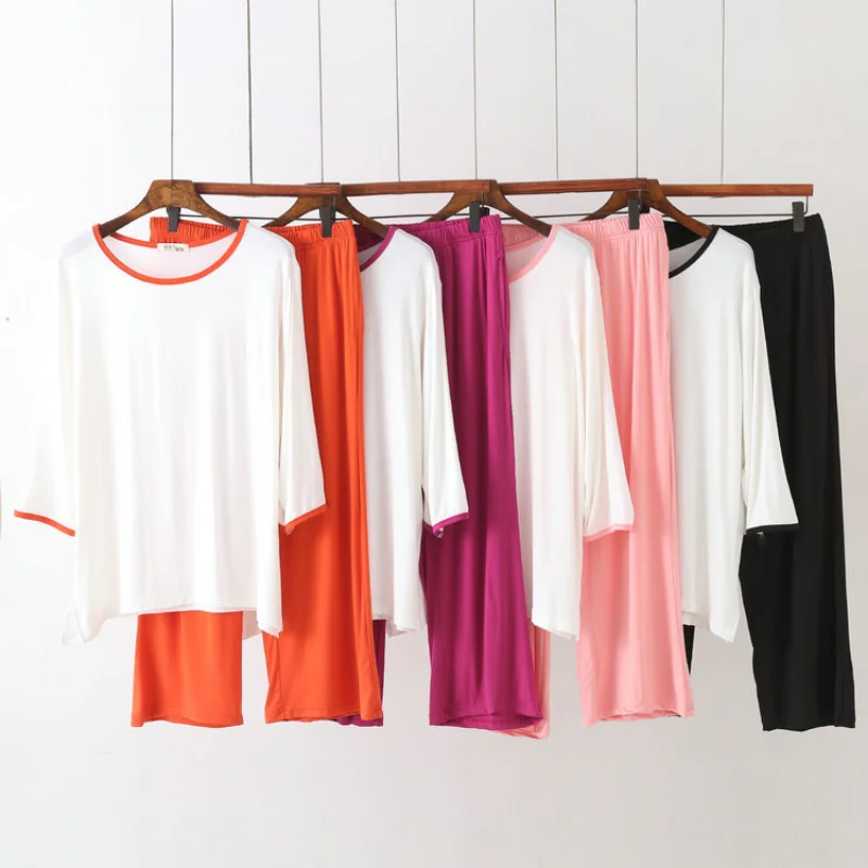 The New Women Pajamas Modal Cotton Pajama Sets Plus Size T-shirt Color Contrast Sleepwear Light and Soft Loose Pijama Woman Set