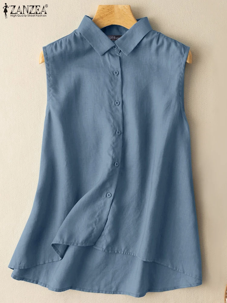 

ZANZEA Summer Sleeveless Tops Tees Casual Solid Pleated Blouse Oversized Female Lapel A Line Chemise Fashion Women Tank Shirts 7