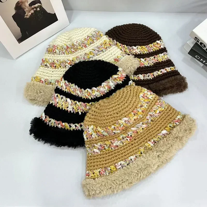 Wholesale New 2024 Korean Style Colorful Striped Plush Fishing Cap Women's Large Head Circumference Warm Thickened Pot