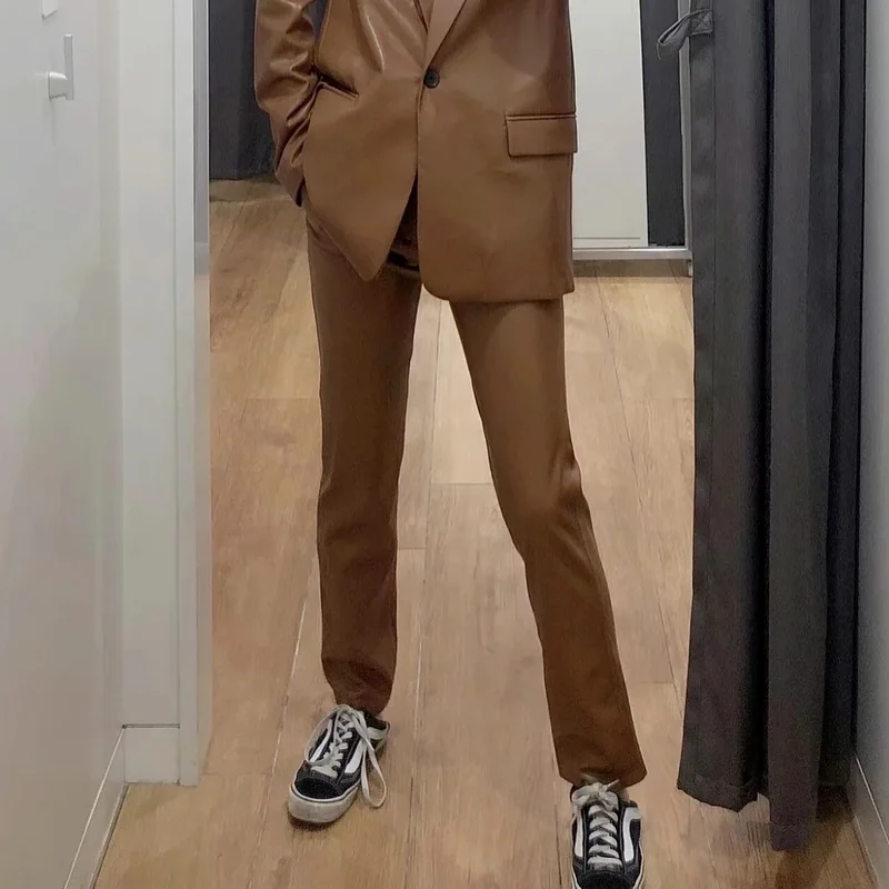 

Pu Leather High Waist Pants Women Punk Solid Colors Straight Pants Simple All Match Tailored Trousers Motor Hip Pop Suit Pants