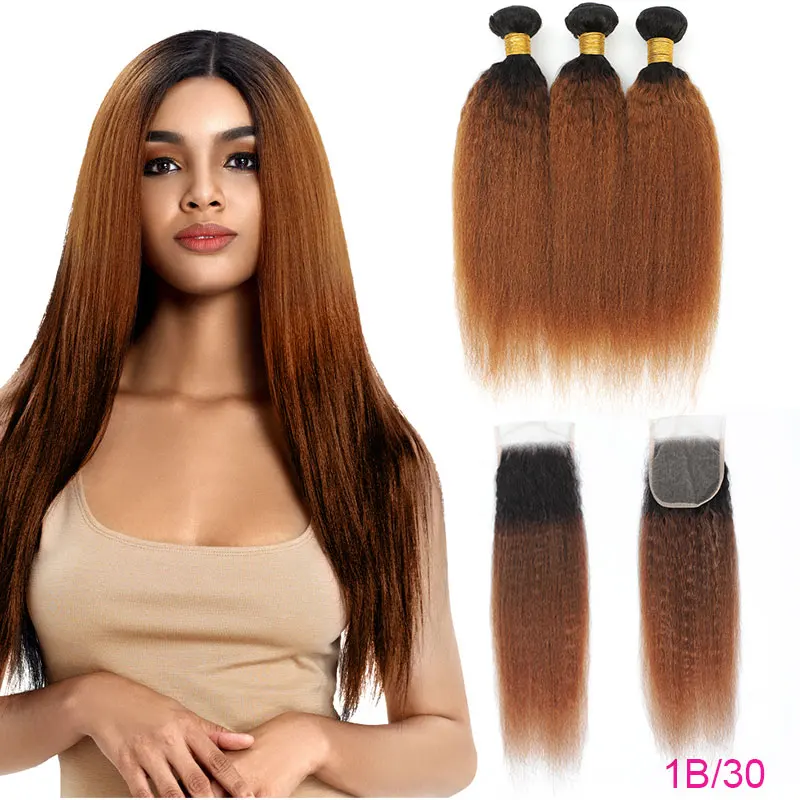 

DreamDiana Ombre Kinky Straight Hair Bundles With 4x4 Lace Closure 30" 32" Remy Brazilian Yaki Human Hair 3 Bundles With Closure