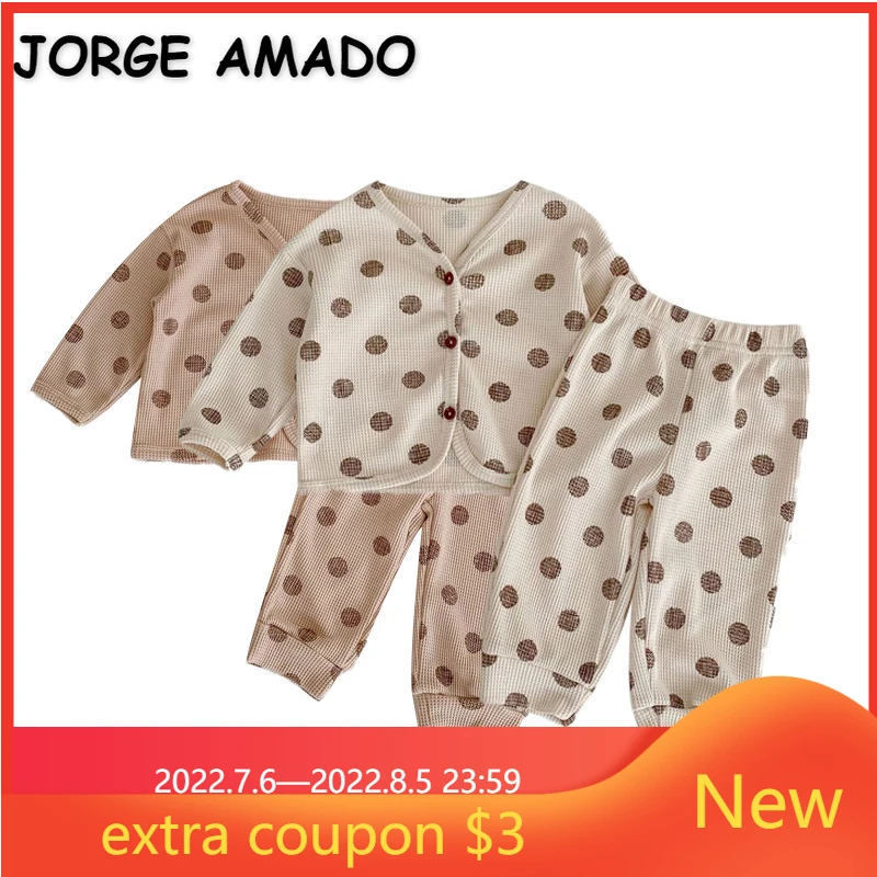 

Осенняя одежда для маленьких девочек и мальчиков, пижамный комплект из 2 предметов, бежевый, хаки, в горошек, с длинным рукавом, вафельная Дом...