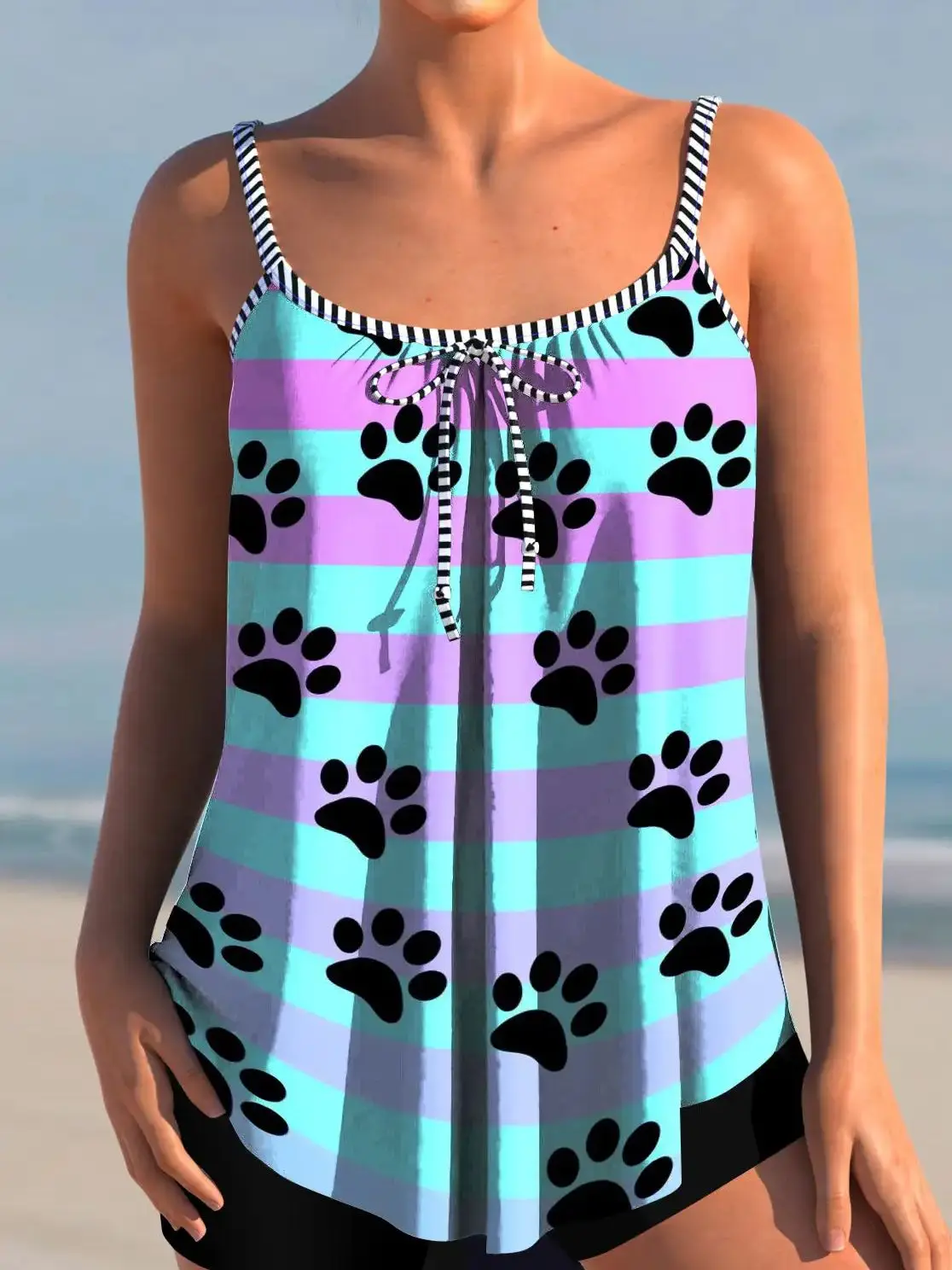 

Trail Stripe Gradient Double Strap Tankini Short Suit Set Beach Style Sexy Casual Vacation Fashion Summer Backless Two Piece Set
