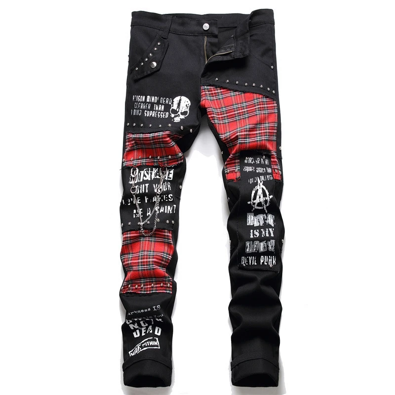 

Джинсы мужские в стиле панк с заклепками, уличная одежда в стиле пэчворк с черепом, джинсовые штаны в стиле хип-хоп, модные облегающие клетчатые брюки в стиле Харадзюку, черные