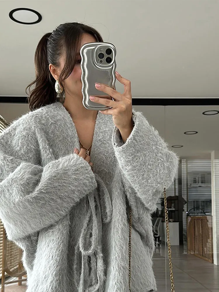 Новый свободный пушистый женский вязаный кардиган на шнуровке повседневный