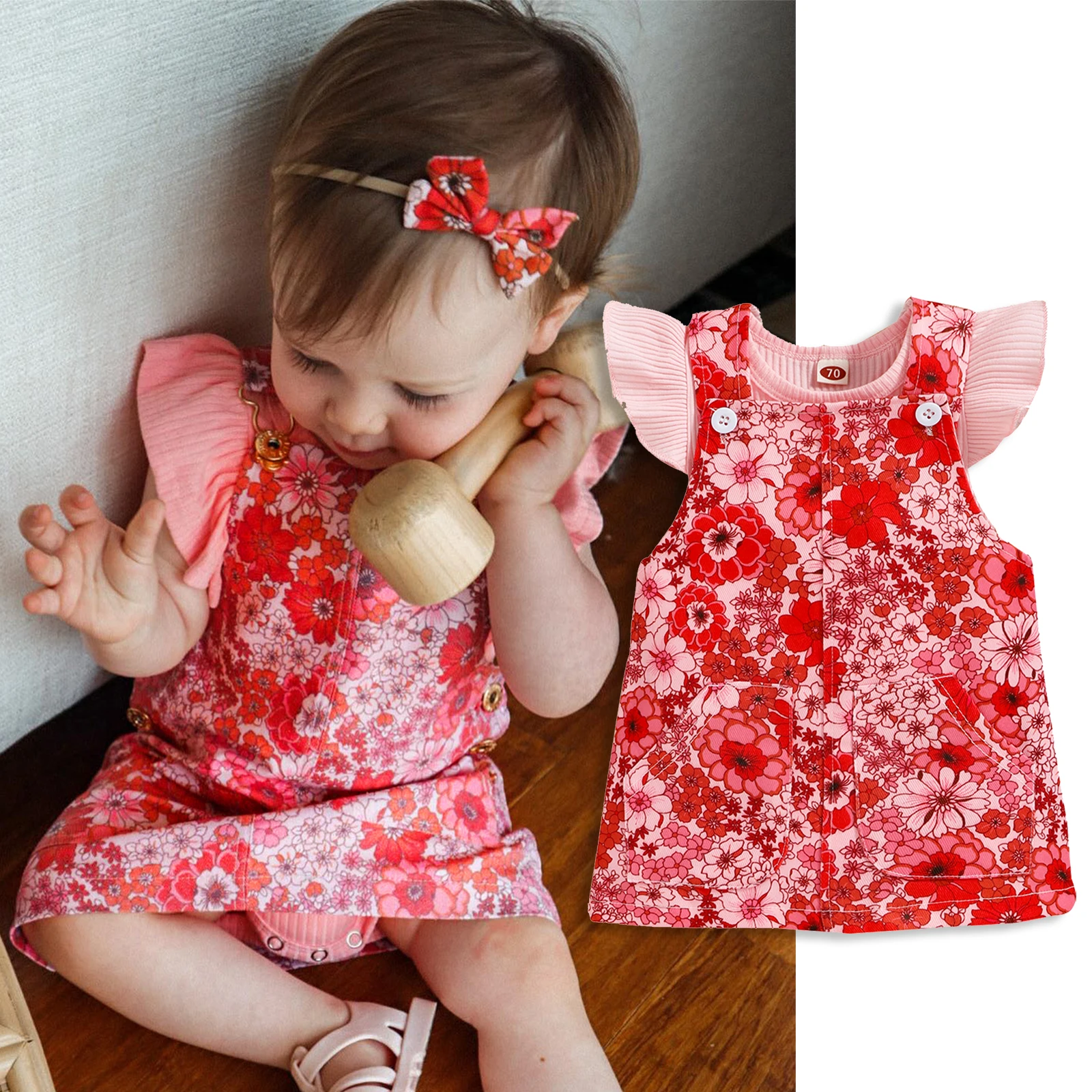 

2022-05-19 Lioraitiin 0-18M Newborn Infant Baby Girl 2Pcs Fashion Summer Clothign Off Shouolder Pink Bodysuit Floral Dress Set