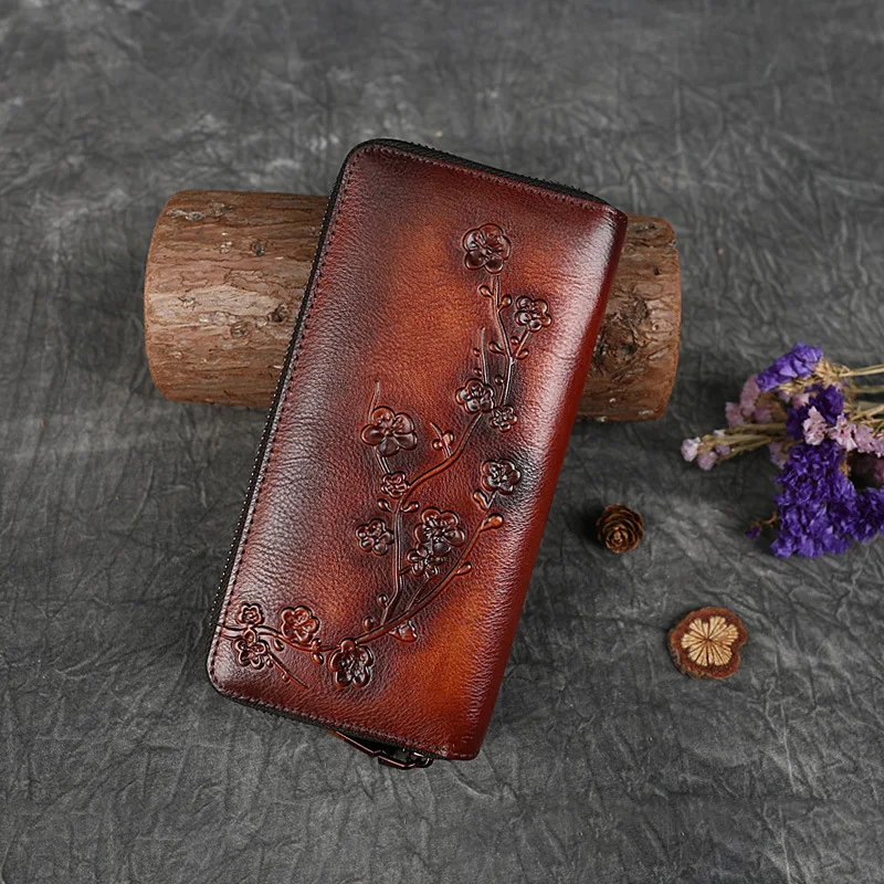 Women Wallet New Fashion Retro Leather Purse Vintage Chinese Style Plum Flower Embossed Female Luxury Zipper Clutch Bag Gift