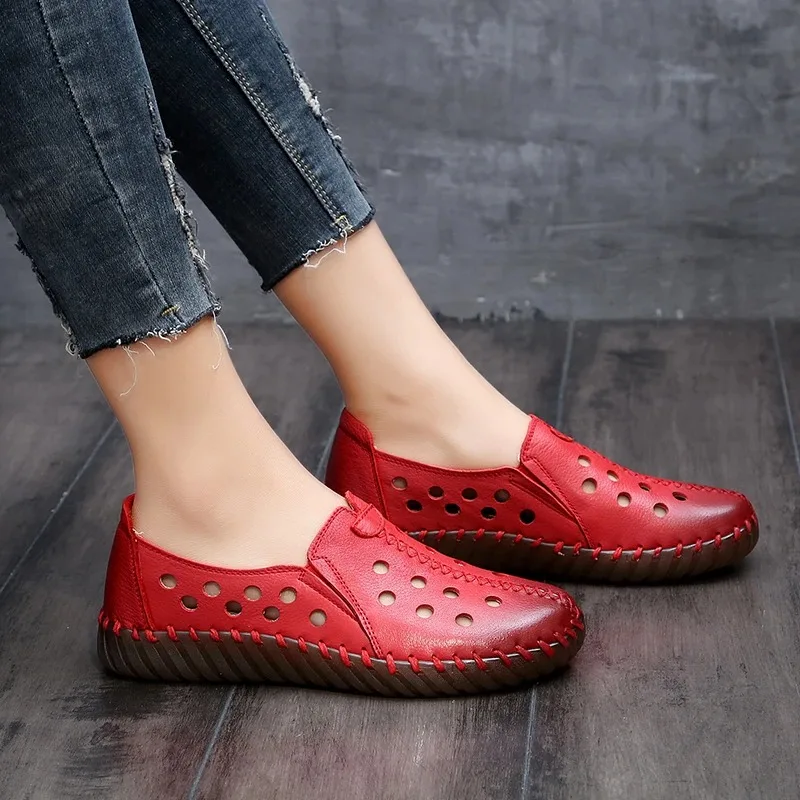 Genunie Leather Woman shoes Retro Manual Suture Summer Cutouts Loafers Slip On Sandals Woman's Orthopedic Moccasins