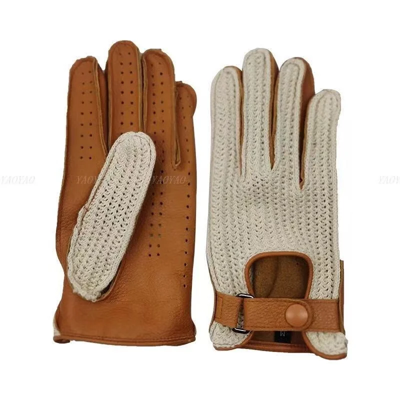 Men Luxury Deerskin Gloves For Locomotive Riding Retro Luvas Male Radiating Mesh Unlined Mittens Hombre Breathable Cuero Gants