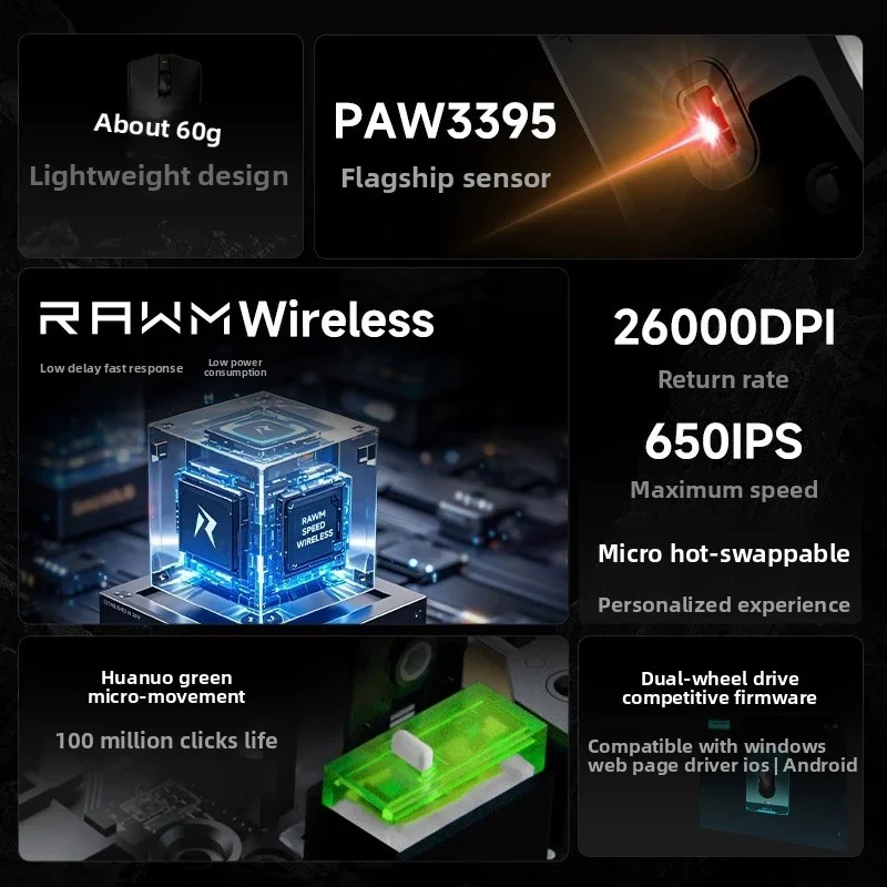 Фото Беспроводная игровая мышь, легкая, 65 г, датчик 3395, 3 режима (2,4G/Bluetooth/проводная), микропереключатели с возможностью горячей замены, эргономичный дизайн №2