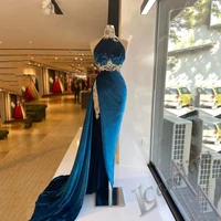 caroline arabic mermaid evening dress halter neck morocco soft velvet high slit beading vestidos prom gowns party custom made